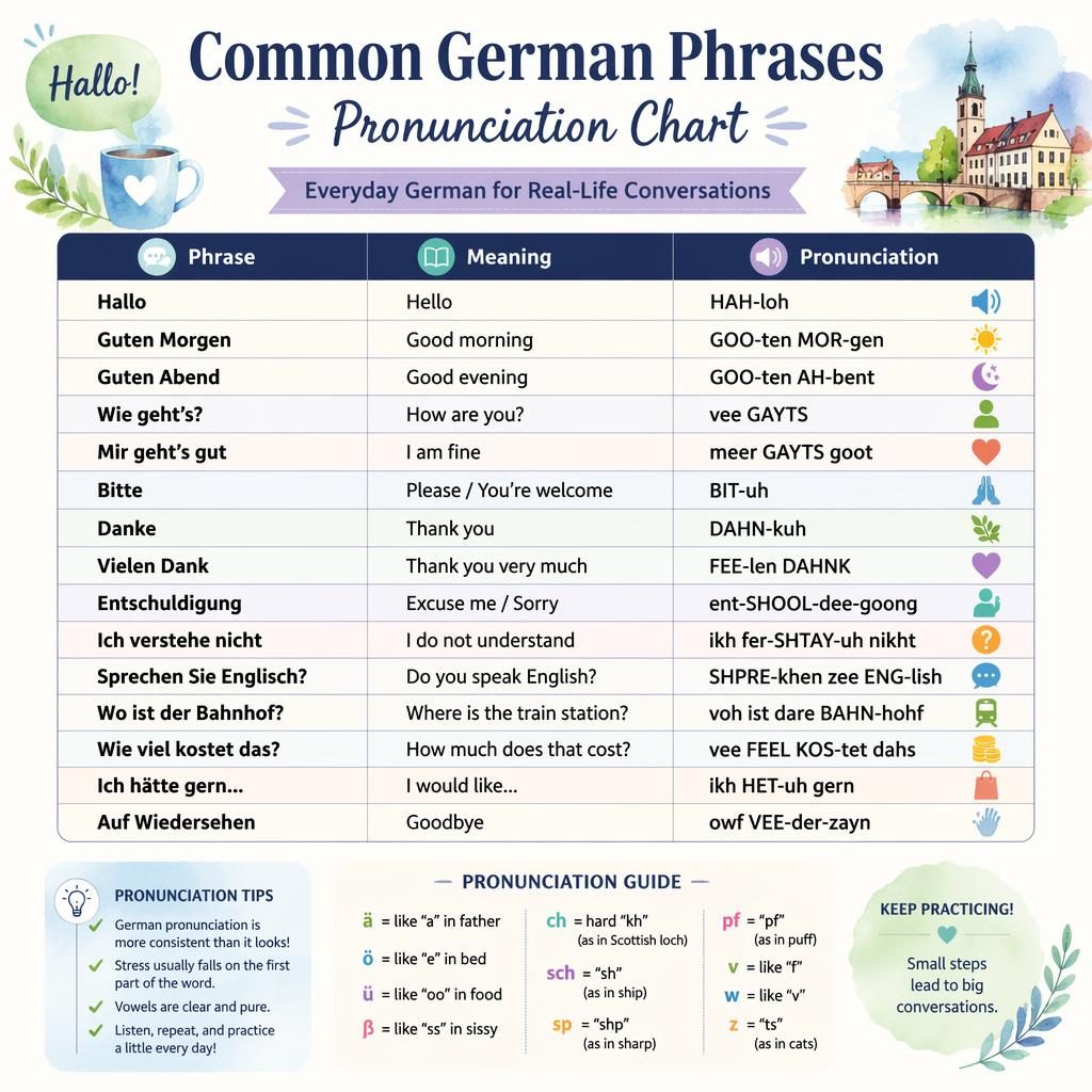 Educational poster showing a German phrases pronunciation chart with phrase, meaning, and pronunciation columns in pastel watercolor style.