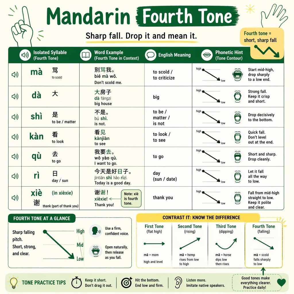 Educational poster with a central Mandarin fourth tone table, pinyin, Chinese characters, English glosses, and tone legend.
