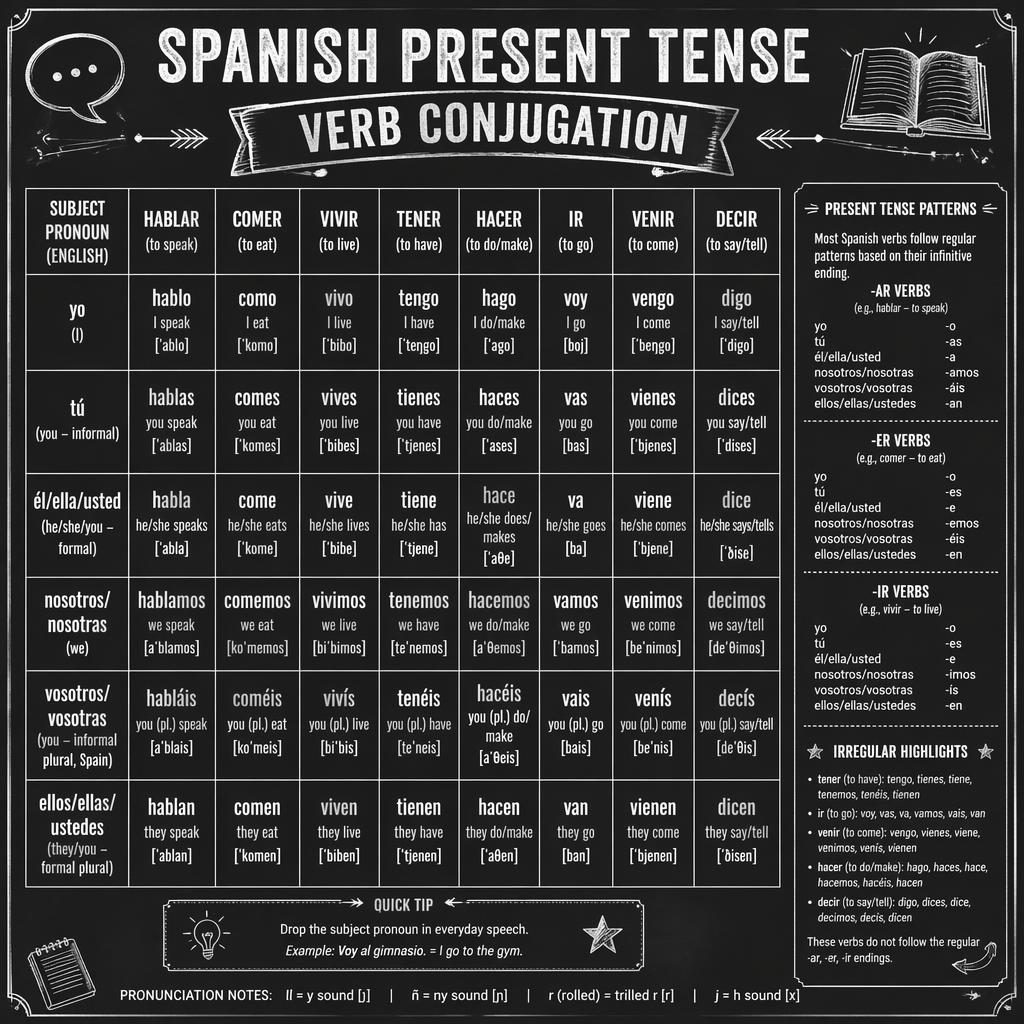 Monochrome Lerninfografik im Kreidetafel-Stil mit großer Konjugationstabelle für spanische Verben und Randnotizen.
