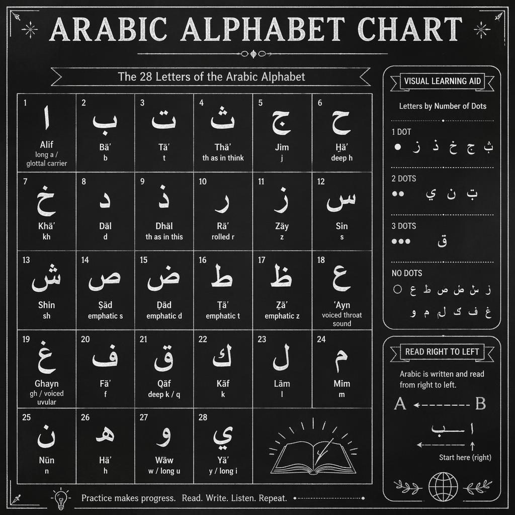 Vintage chalkboard Arabic alphabet poster with a central grid, English transliterations, pronunciation hints, and dot groups.