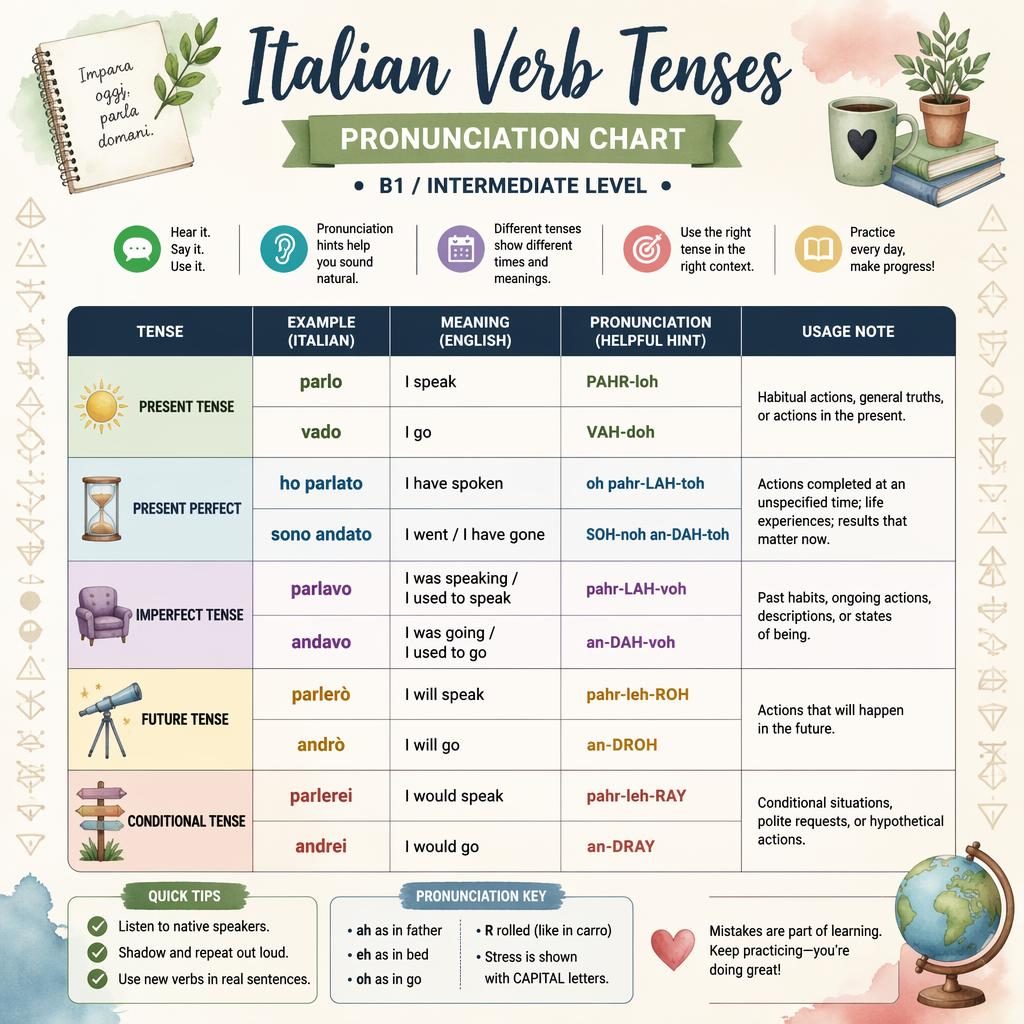 Pastel watercolor infographic poster with an Italian verb tenses chart, pronunciation guides, sample verbs, and abstract geometry.