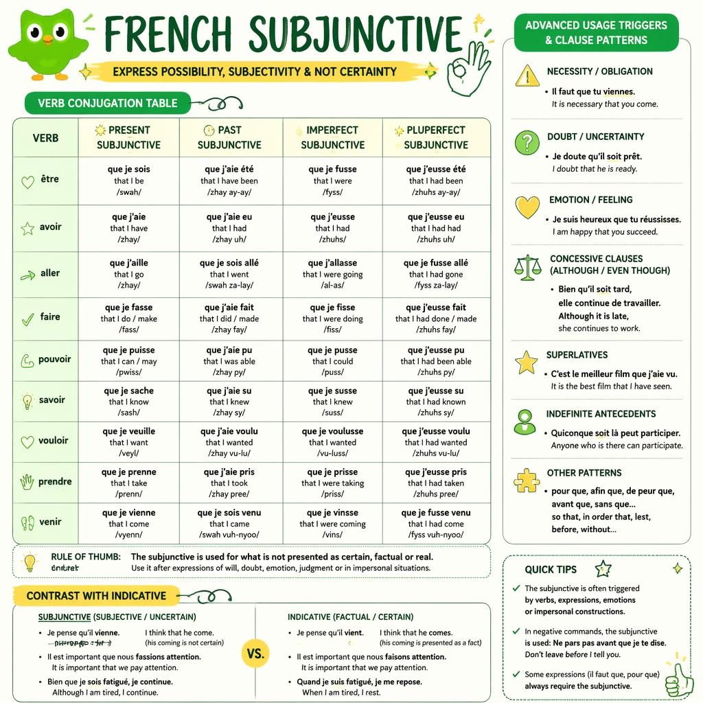 Educational poster with a central French subjunctive conjugation table, side notes, and green-yellow sketchnote styling.