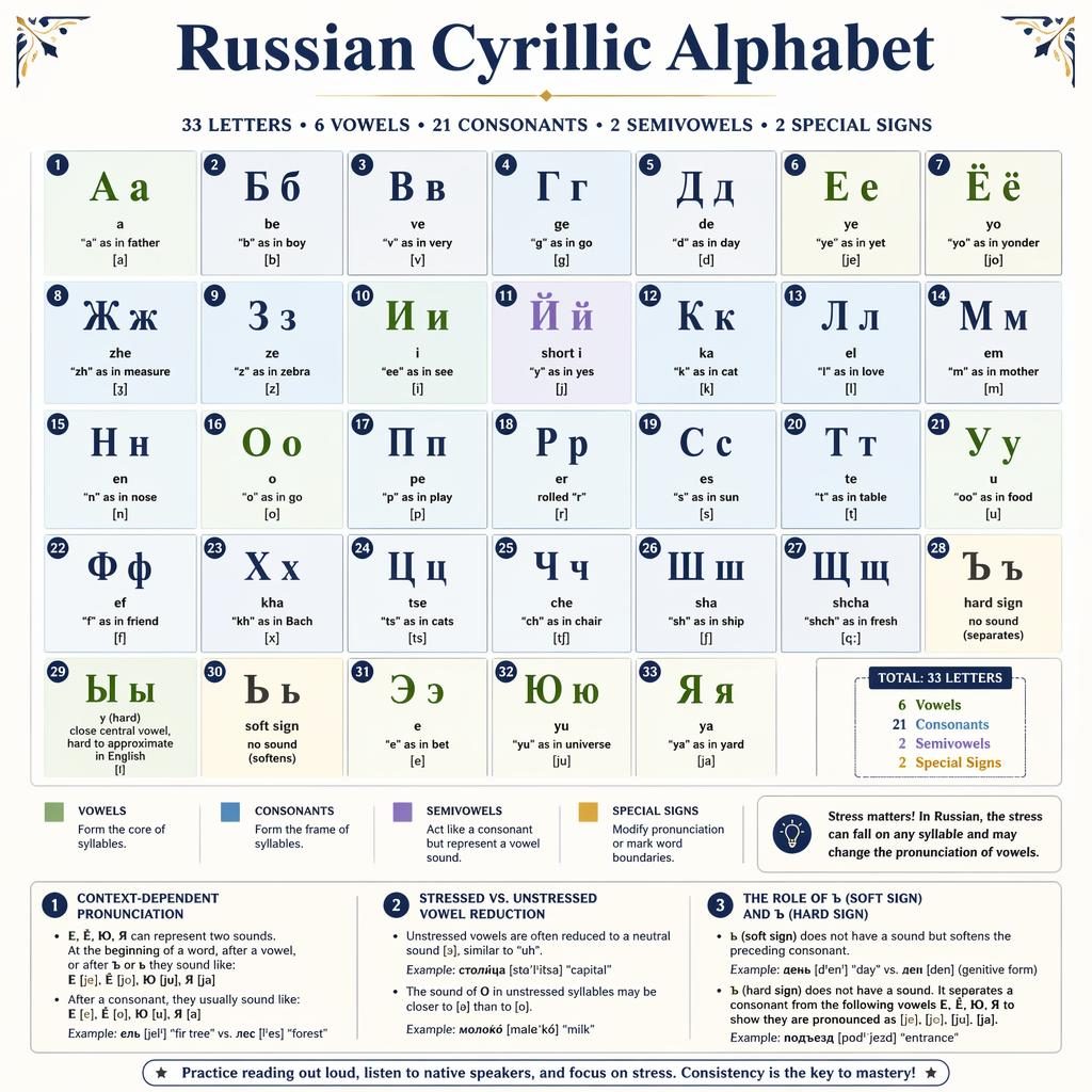 Educational infographic poster showing the 33 Russian Cyrillic letters in a color-coded grid with English labels and pronunciation cues.
