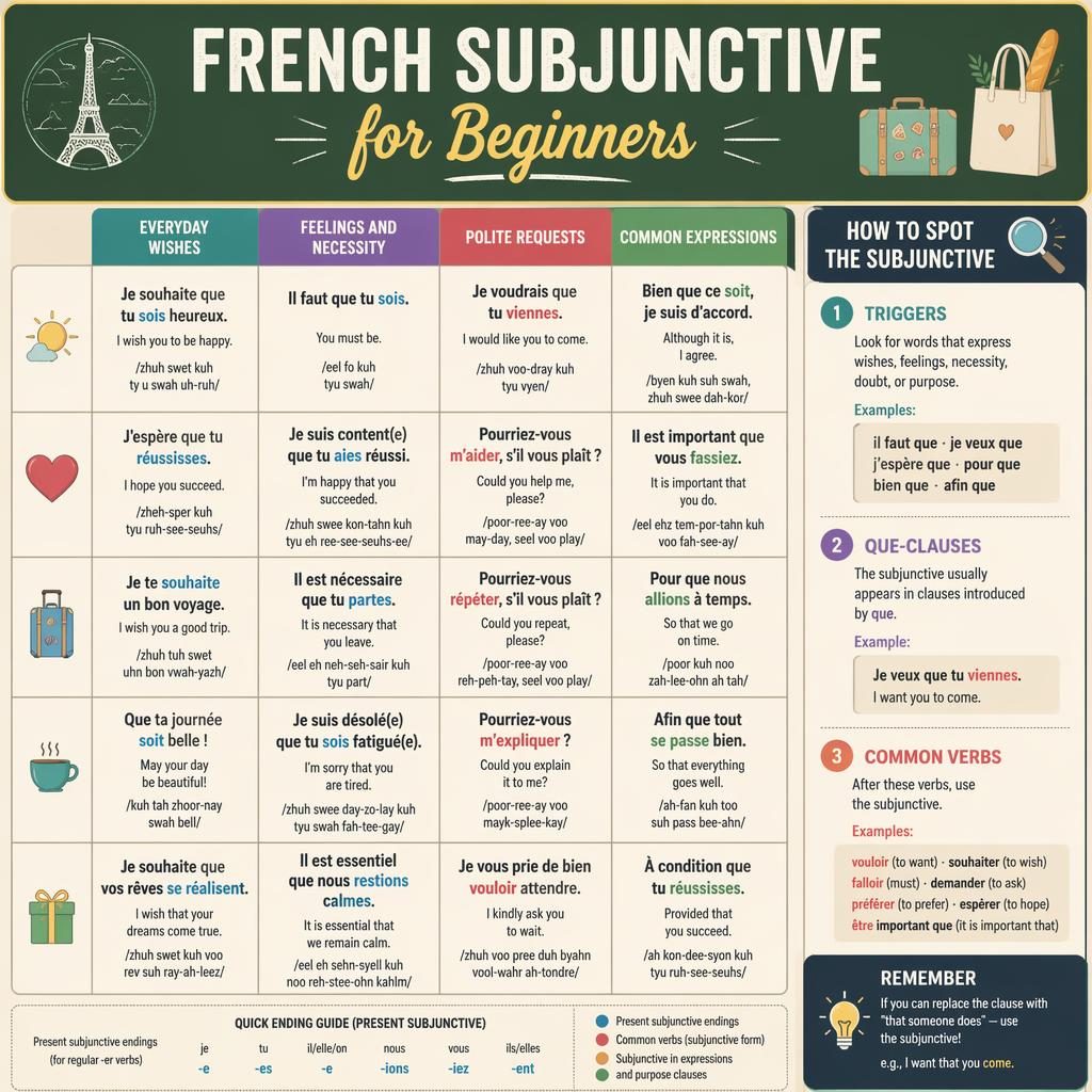 Infographie éducative minimaliste sur le subjonctif français débutant, avec grille centrale, icônes simples et panneau latéral.