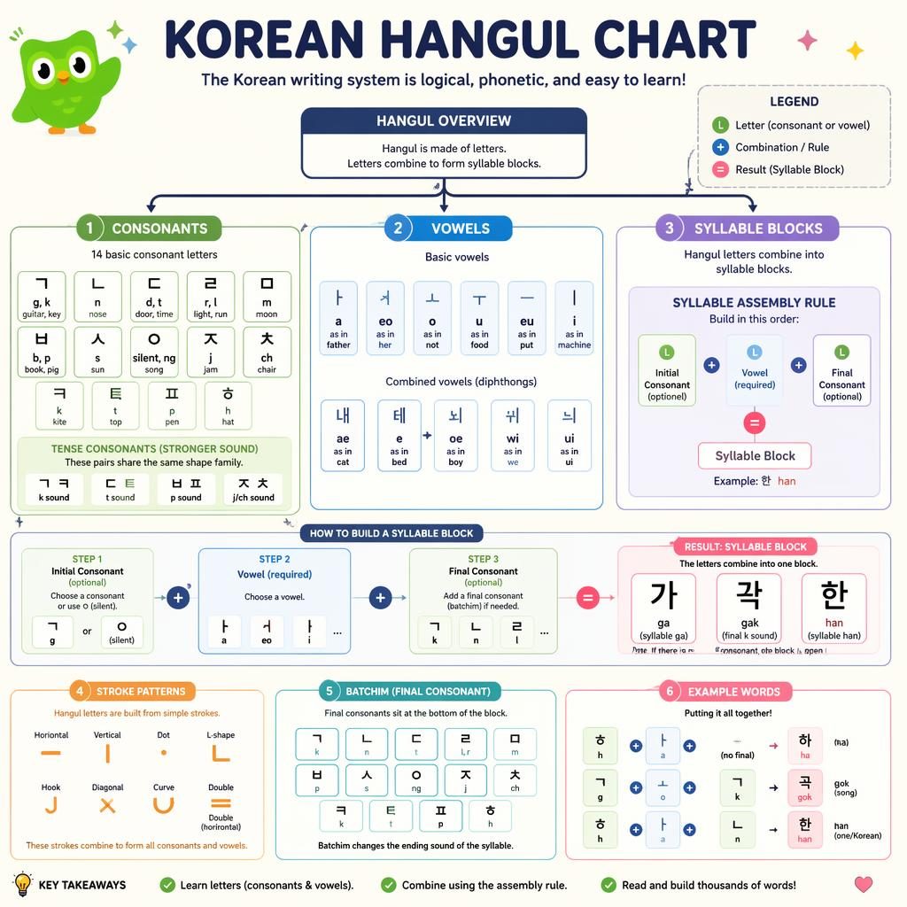Educational poster showing a Korean Hangul flowchart with consonants, vowels, syllable blocks, arrows, and examples.