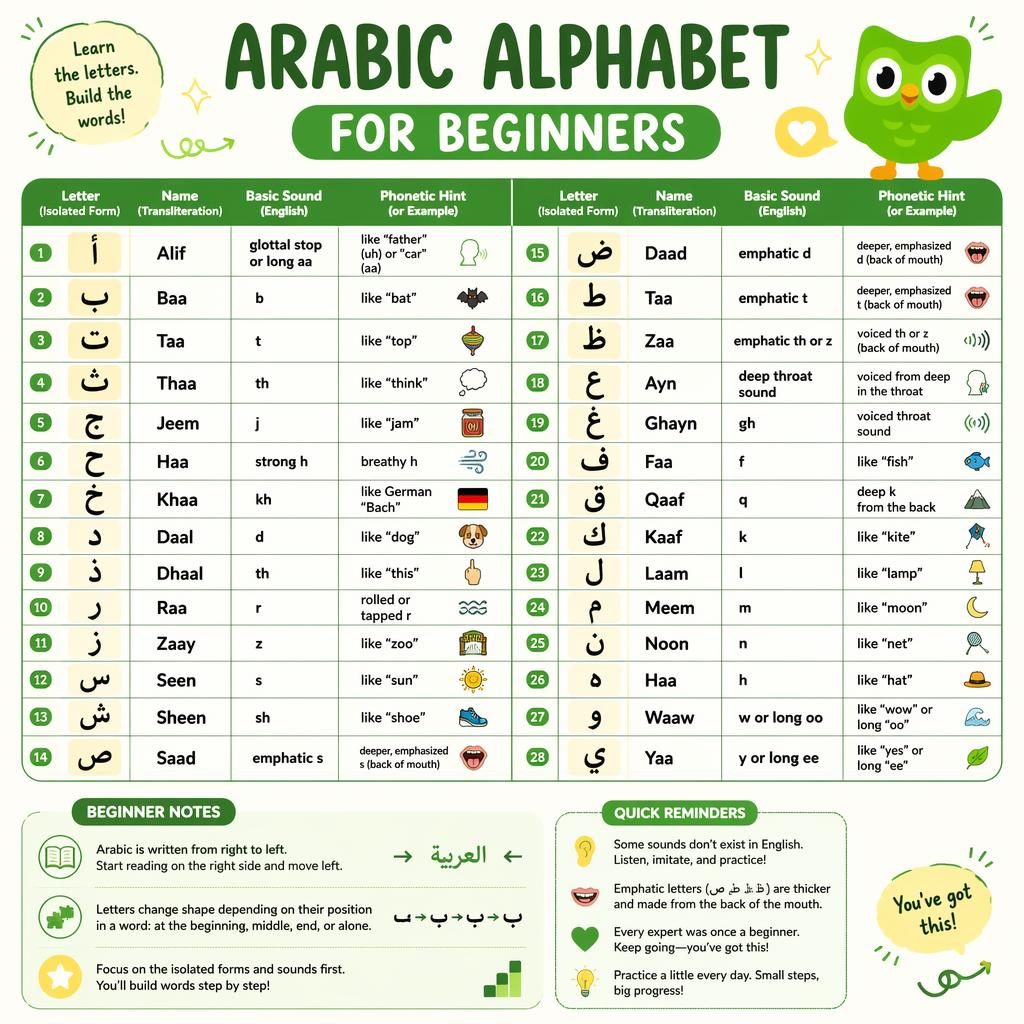Arabic alphabet beginner phonics sounds chart in a clean grid with letters, transliterations, sound values, notes, and icons.
