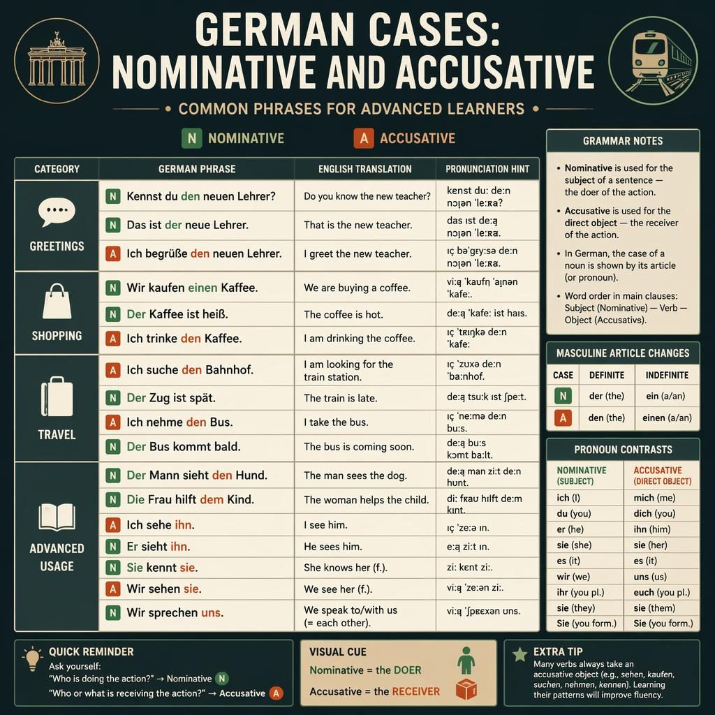 Educational grid infographic on German nominative and accusative cases with phrases, grammar notes, and chalkboard-style design.