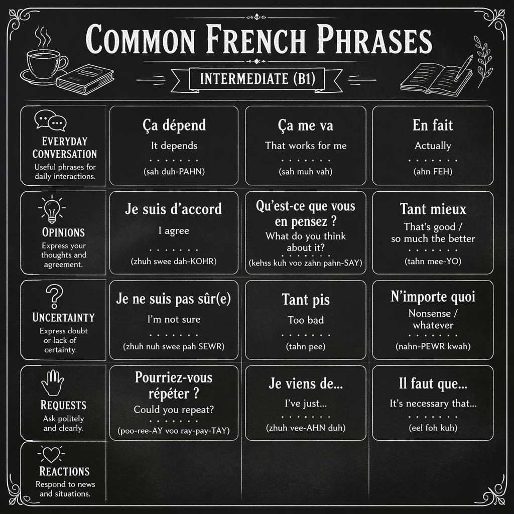 Monochrome chalkboard-style infographic grid of common French phrases with English translations and phonetic hints.