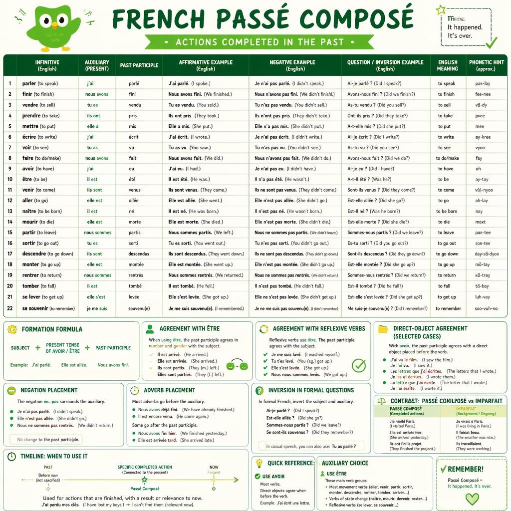Vzdělávací plakát s velkou tabulkou francouzského passé composé, poznámkami, ikonami a zeleno-žlutým stylem.