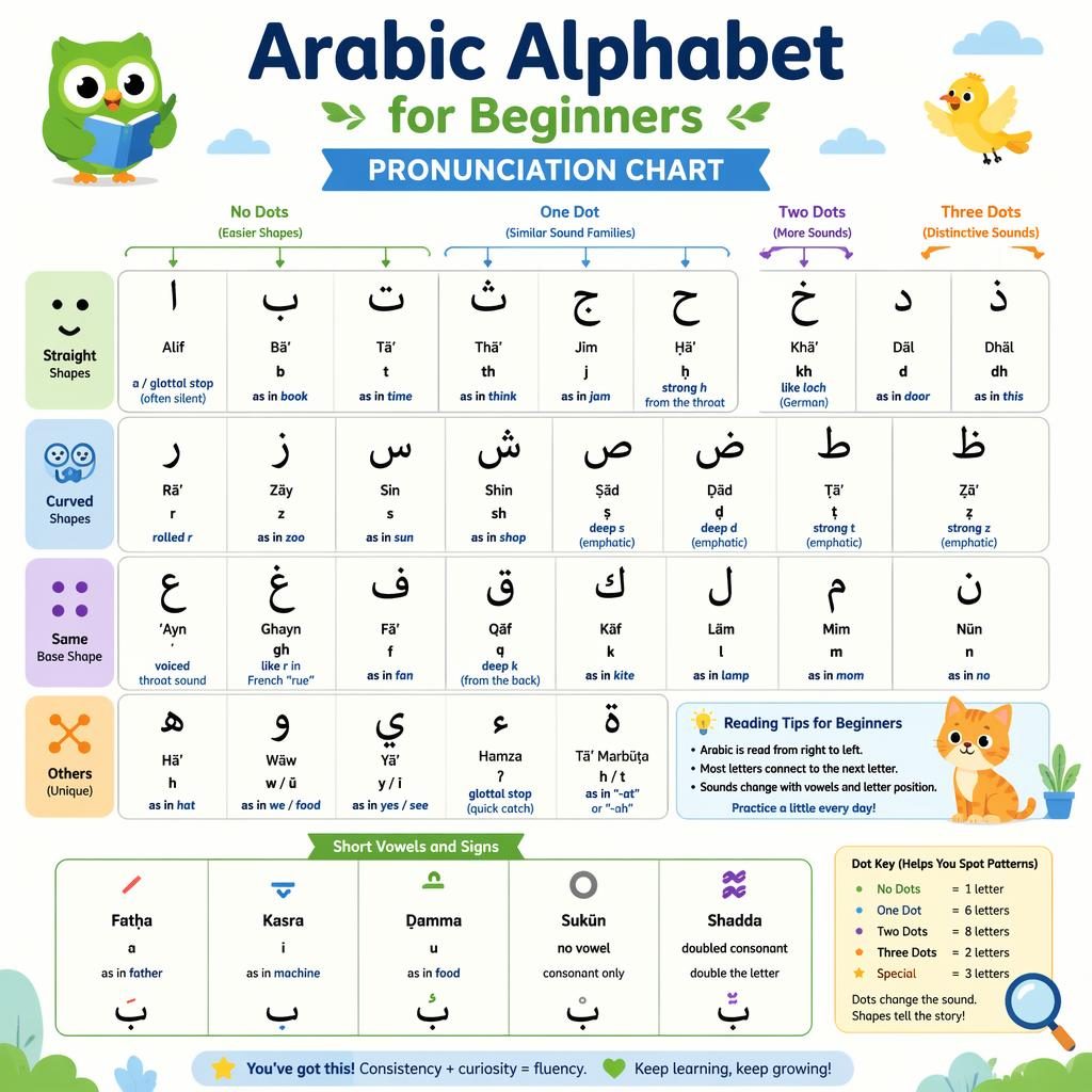 Affiche éducative claire avec tableau central de l’alphabet arabe, cellules groupées, sons en anglais et mini-section voyelles.