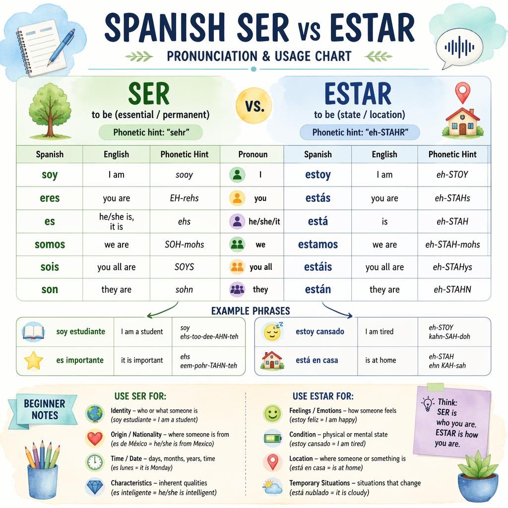 Pastel watercolor infographic with a beginner Spanish ser vs estar chart, pronunciation hints, example phrases, and notes.