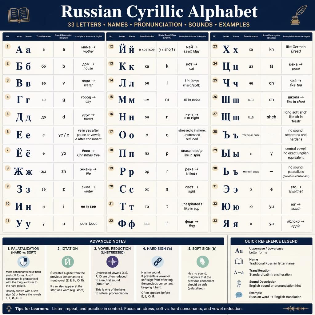 Clean educational poster showing the full Russian Cyrillic alphabet in a precise grid with pronunciation notes and examples.