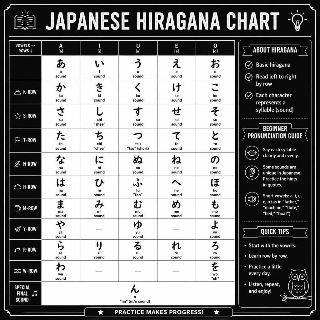 Black-and-white Japanese hiragana chart poster with central grid, romanized labels, row headings, and beginner notes.