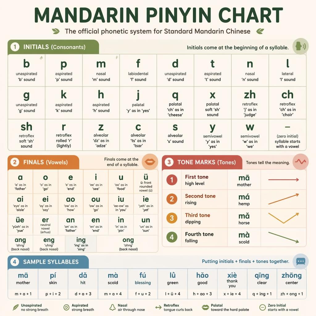 Modern educational poster showing a Mandarin Pinyin chart with initials, finals, tone marks, and sample syllables.