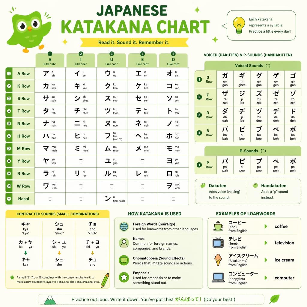 Educational Japanese Katakana Chart poster with katakana grid, dakuten section, contracted sounds, and loanword notes.