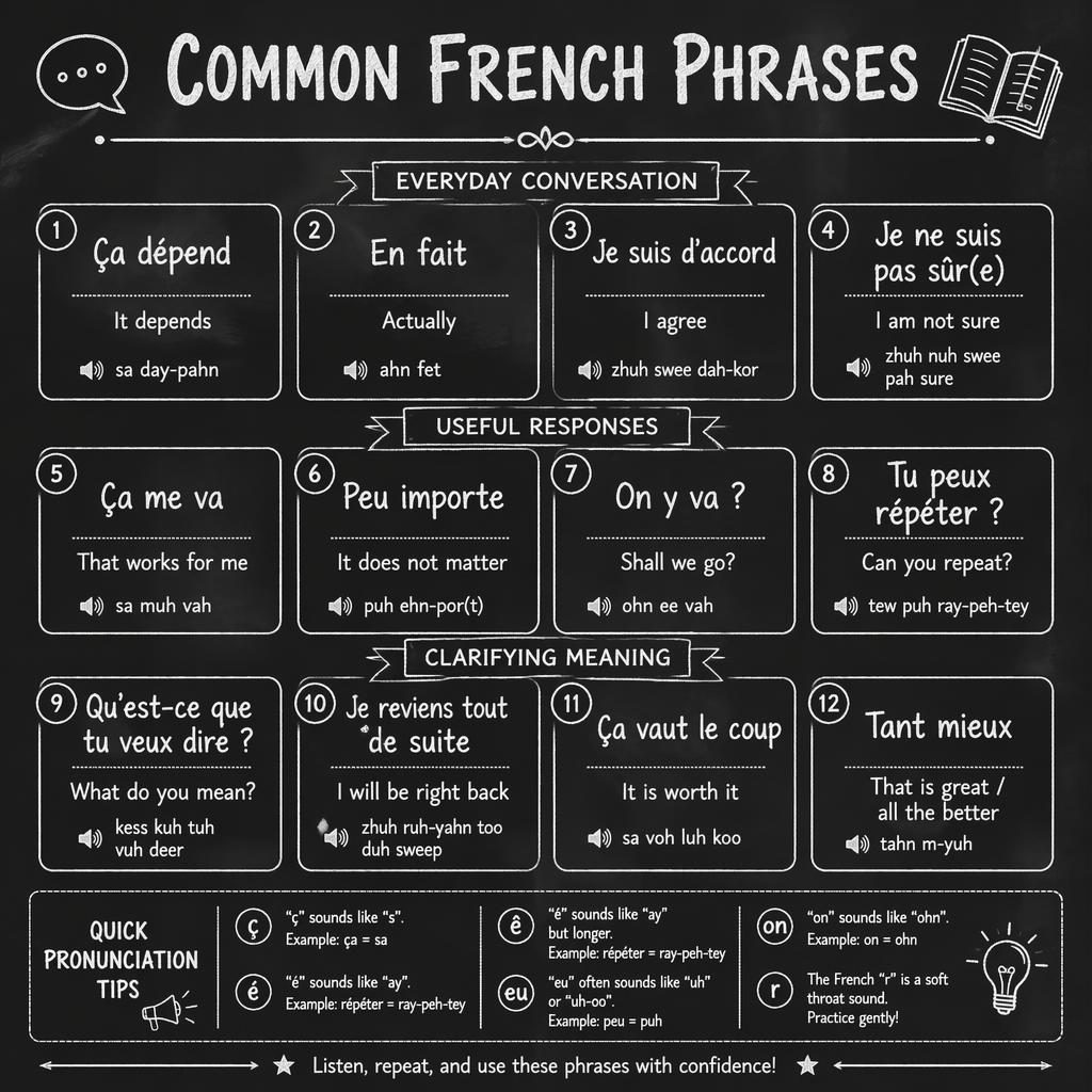 Affiche éducative en style tableau noir vintage avec grille centrale de 12 cartes de phrases françaises et traductions anglaises.