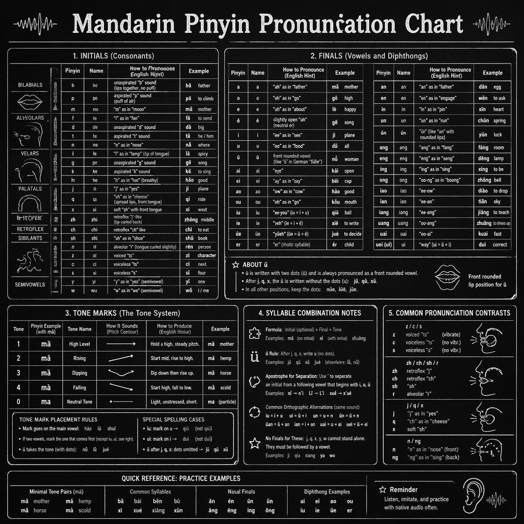 Monochrome chalkboard-style infographic showing a Mandarin Pinyin pronunciation chart with initials, finals, tones, and contrast grids.