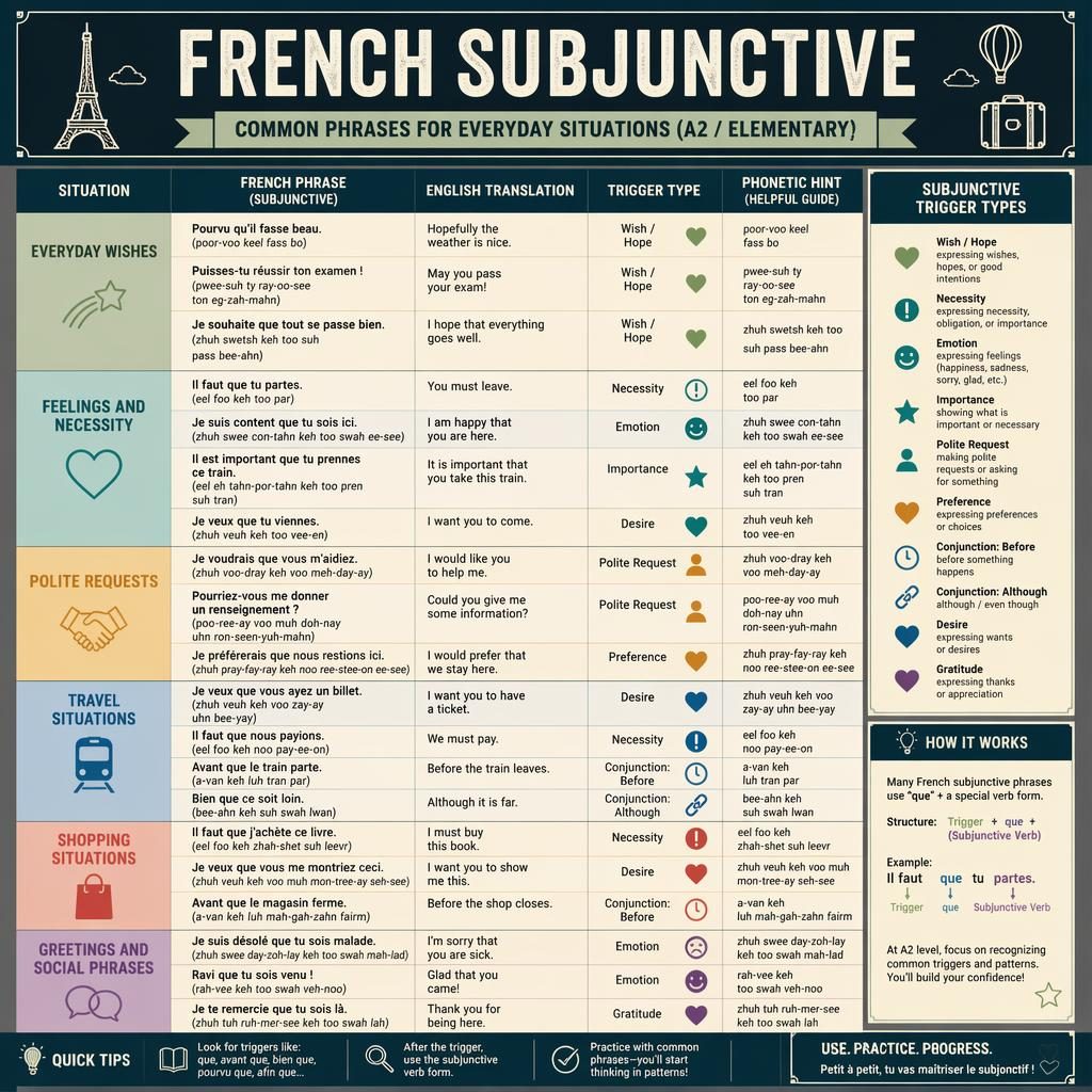 French subjunctive learning infographic with central phrase grid, English labels, retro chalkboard colors, and simple travel icons.