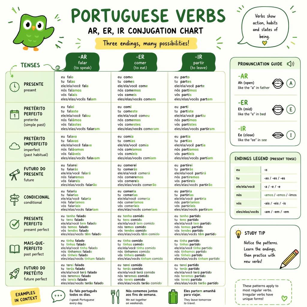 Sketchnote-style infographic showing Portuguese verb endings -ar, -er, -ir in a tense table with green and yellow icons