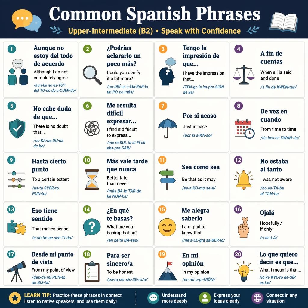 Educational poster titled Common Spanish Phrases with a central grid of 16–20 Spanish phrases, English translations, and small icons.