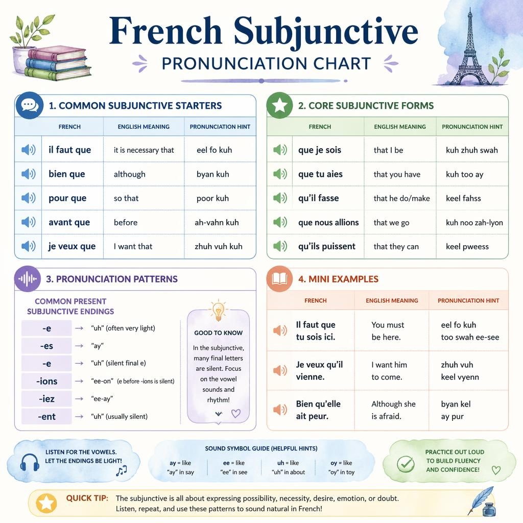 Educational pastel infographic showing a French subjunctive pronunciation chart with labeled sections, example phrases, endings, and phonetic hints.