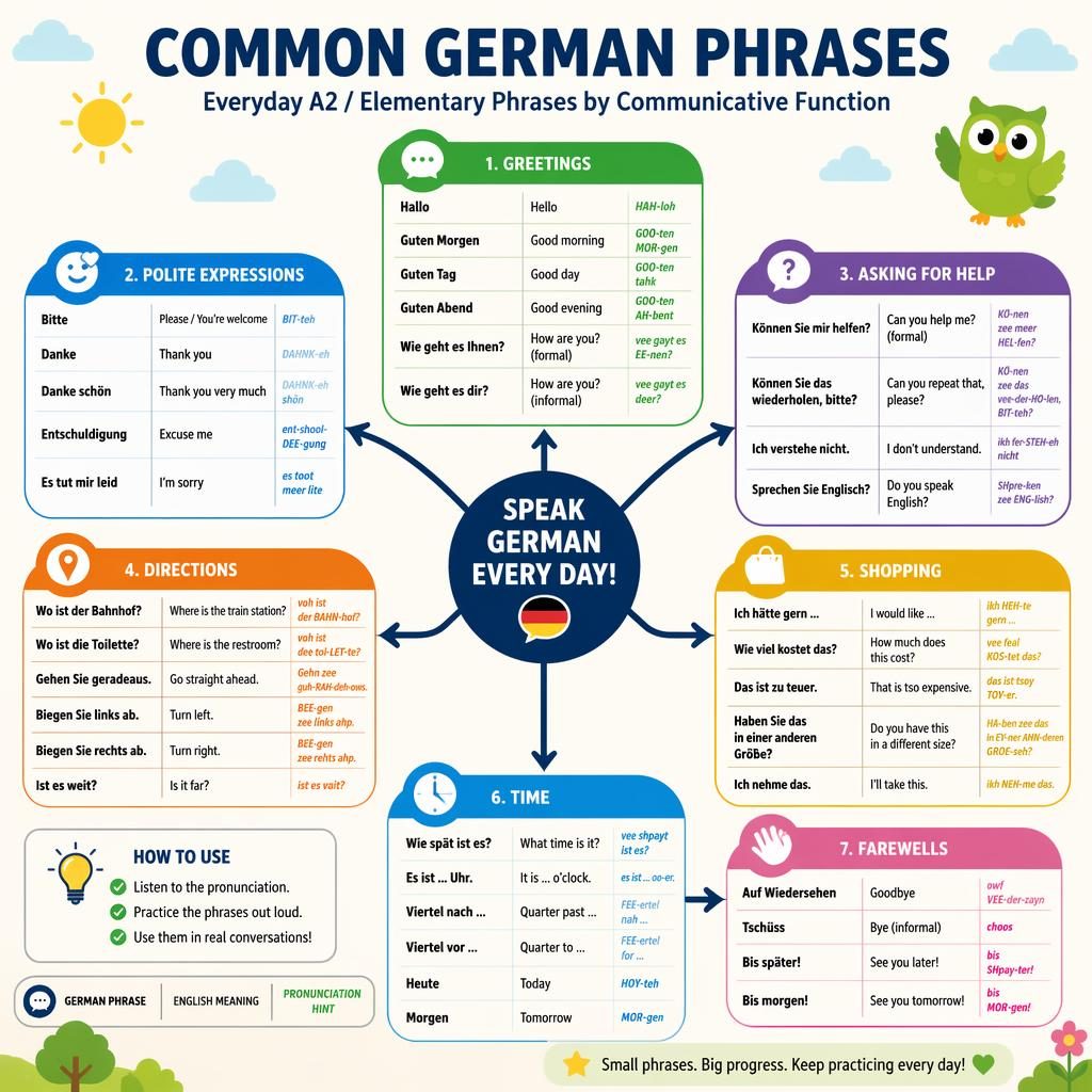 Infographie éducative en style cartoon montrant un tableau de grammaire des phrases allemandes courantes en organigramme.