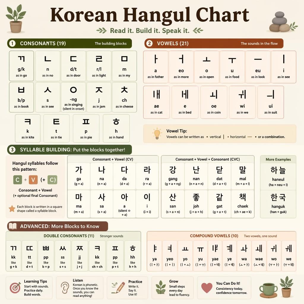 Educational Korean Hangul chart poster with central grid, consonants, vowels, syllable blocks, and warm earth panels.
