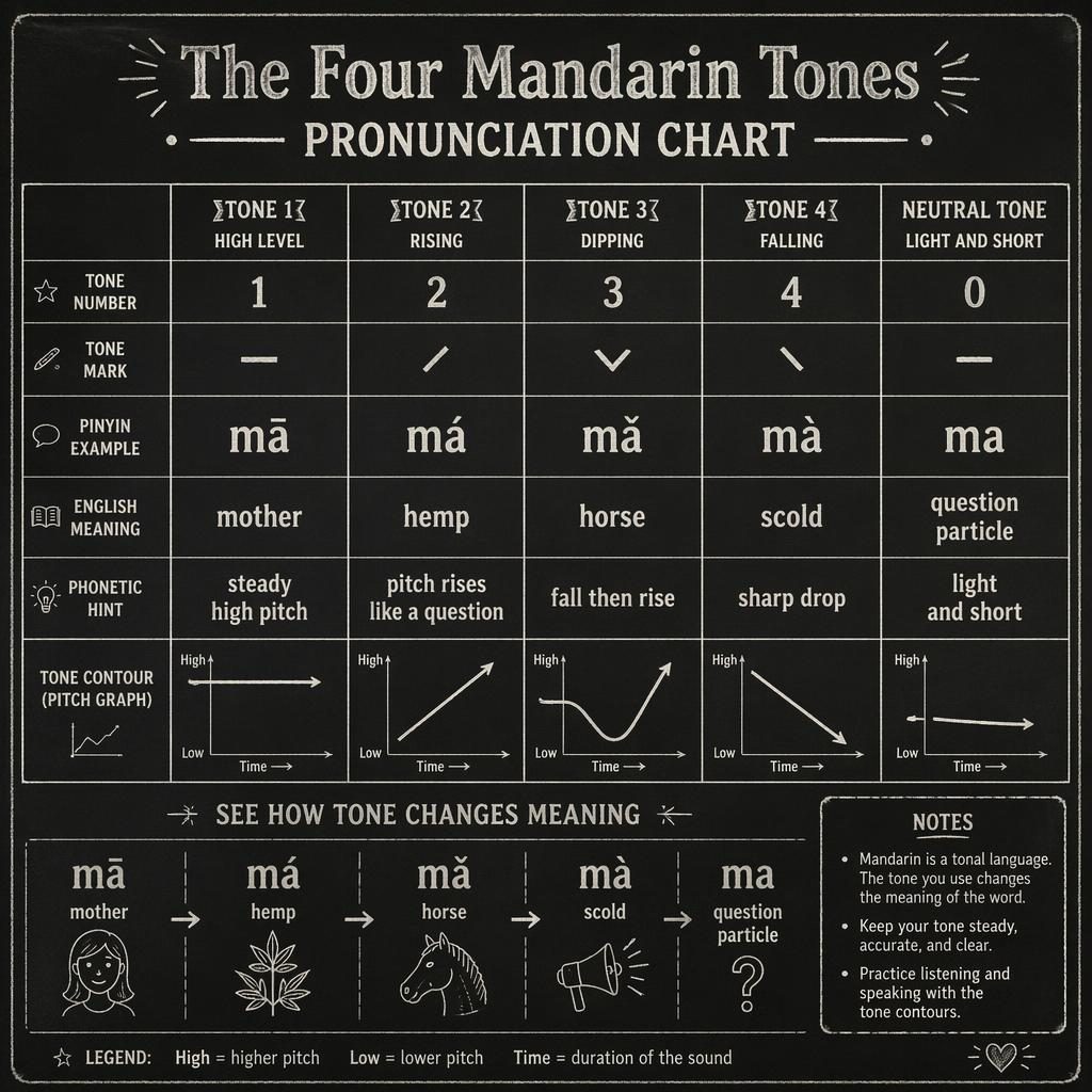 Vintage chalkboard-style phonemic chart showing the four Mandarin tones, neutral tone note, pitch lines, pinyin examples, and English hints.