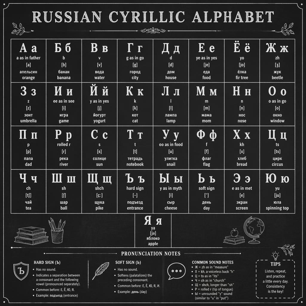 Vintage chalkboard-style educational poster showing a Russian Cyrillic alphabet grid with uppercase and lowercase letters.