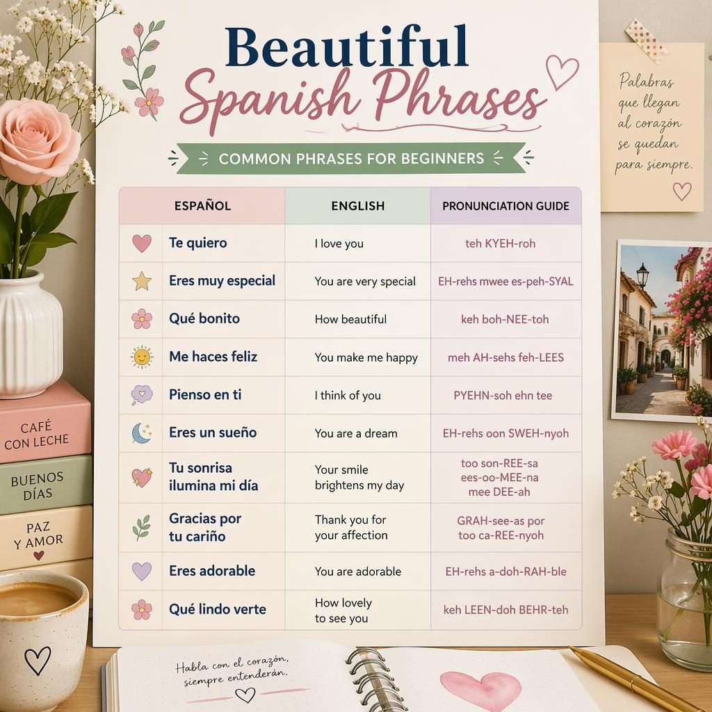 Póster educativo con cuadrícula de frases bonitas en español, traducción al inglés y guía fonética sobre un escritorio pastel.