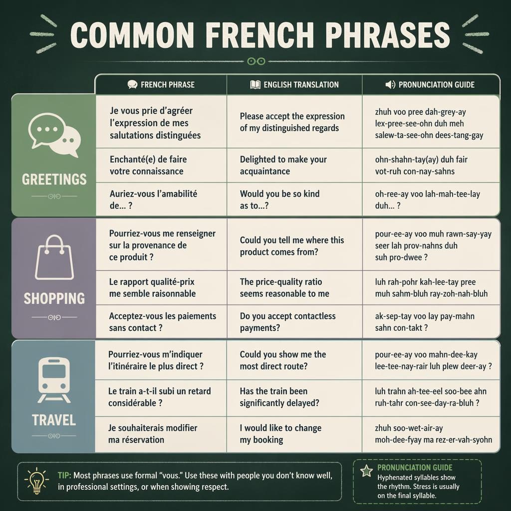 Minimal chalkboard-style infographic with a 3-section grid of advanced French phrases for greetings, shopping, and travel.