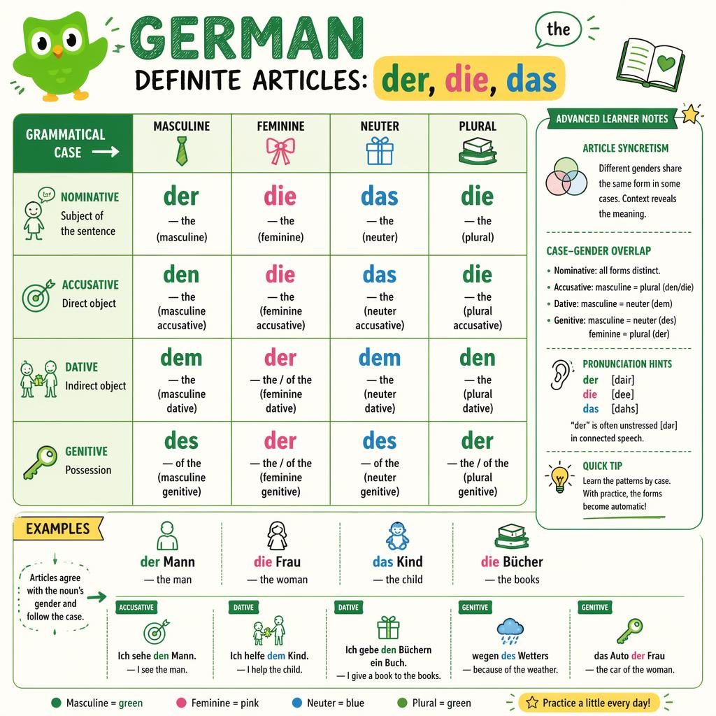 Educational infographic with a German definite articles alphabet table, case-by-gender matrix, side notes, and example phrases.