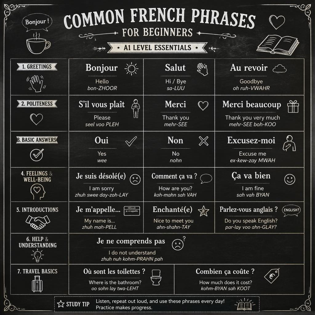 Vintage chalkboard-style infographic grid of common French beginner phrases with English meanings and phonetic hints.