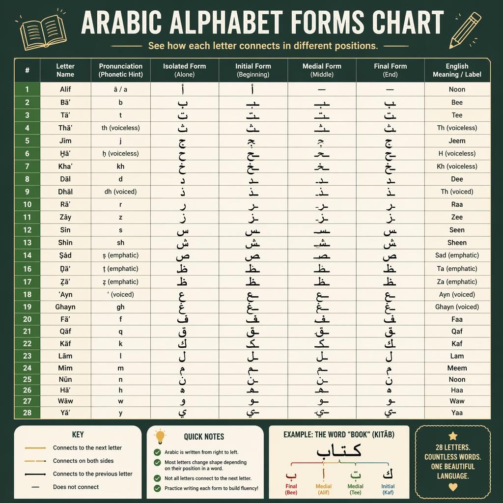 Minimal educational poster with a central grid of Arabic letters showing isolated, initial, medial, and final forms.