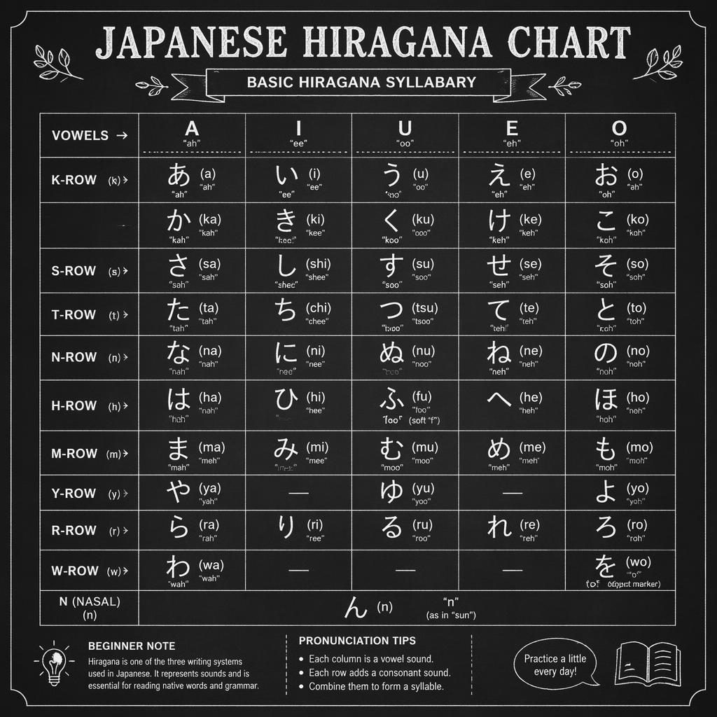 Vintage chalkboard infographic with a Japanese hiragana grid, white and gray text, vowel columns, row labels, and phonetics.