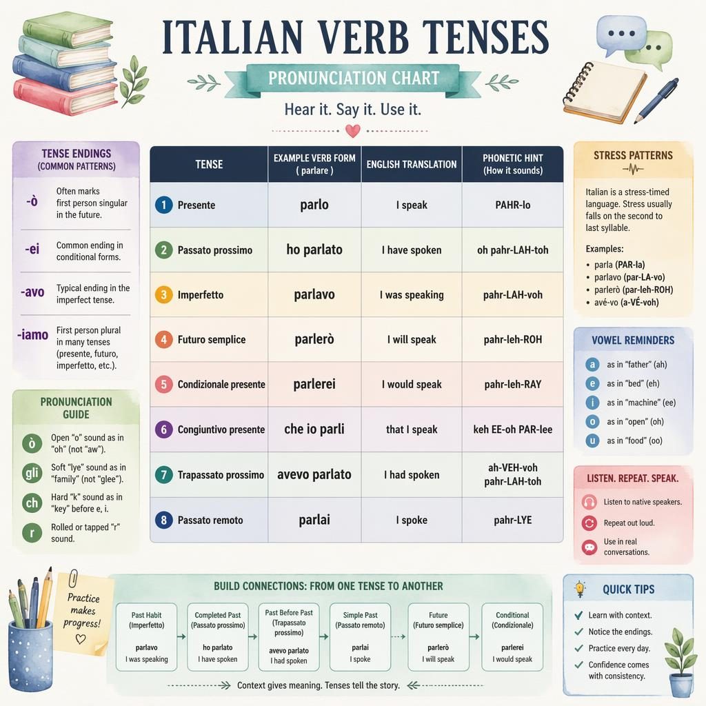 Affiche éducative pastel avec tableau central des temps italiens, exemples, traductions anglaises et indices phonétiques.