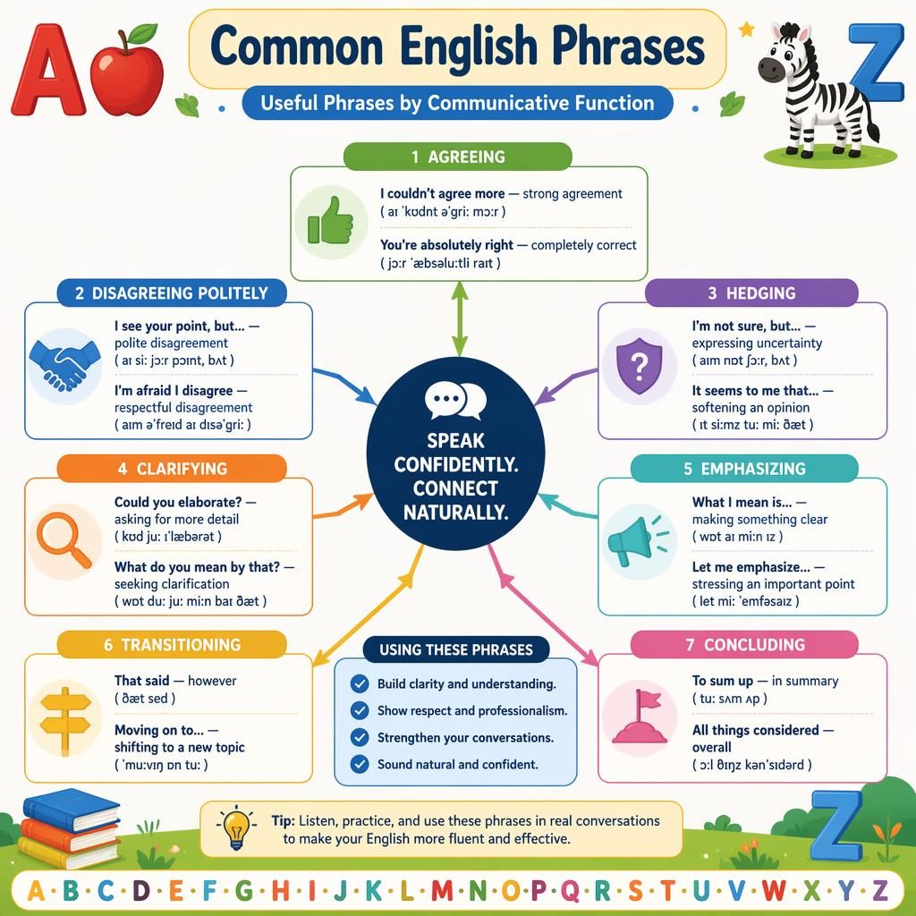 Educational poster with a central flowchart of common English phrases, colorful icons, and subtle A-to-Z apple to zebra motifs.