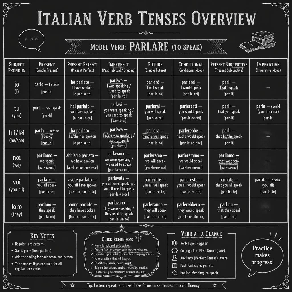 Infographie éducative en style tableau noir montrant la conjugaison italienne de parler par temps, avec traductions anglaises.