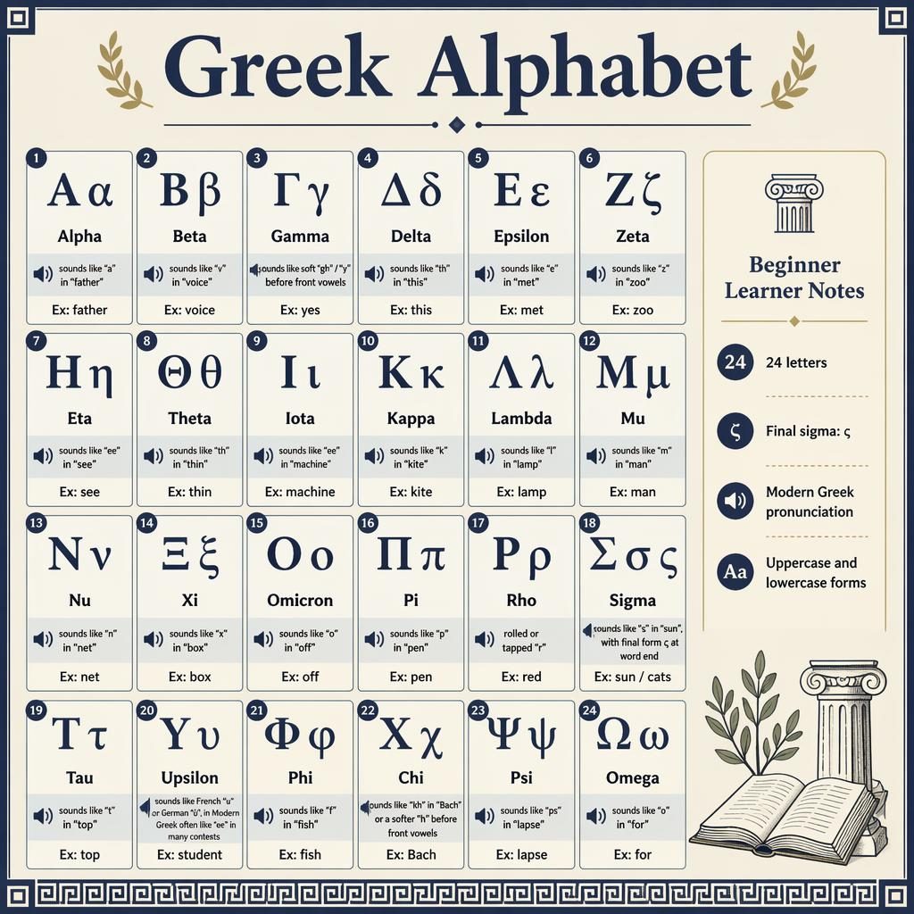 Educational poster showing the full modern Greek alphabet with uppercase and lowercase letters, names, and pronunciation hints.