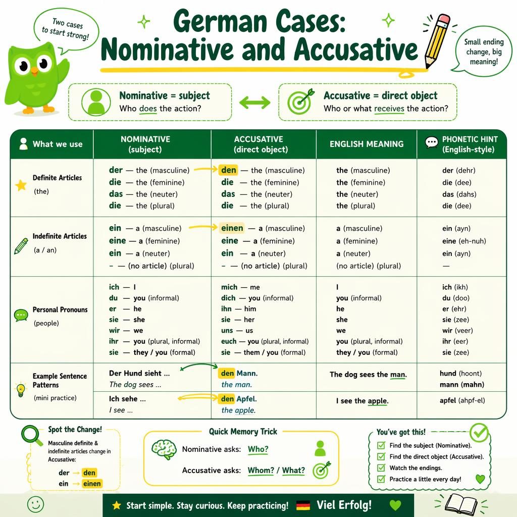 Beginner German cases infographic poster with a central nominative vs accusative table, English translations, arrows, doodles.