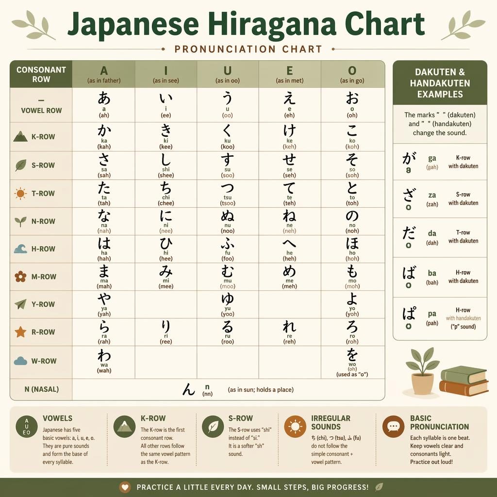 Modern educational poster showing a Japanese hiragana chart grid, romanization, pronunciation cues, and dakuten examples.