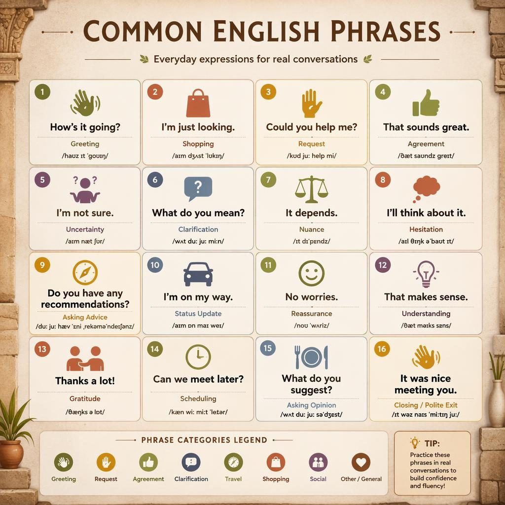 Educational infographic with 12 English phrase flashcards, warm beige terracotta palette, small icons, and category legend.