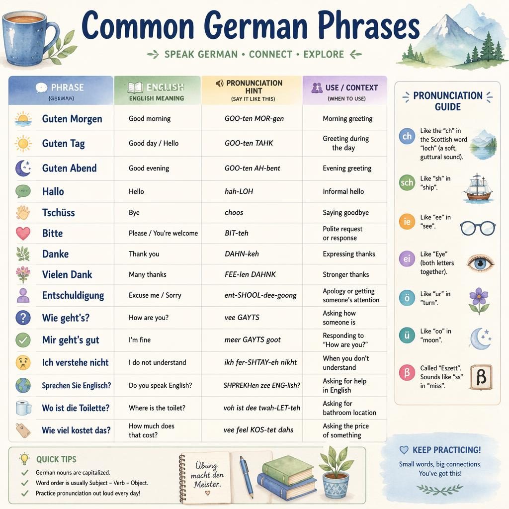 Infographie éducative en pastel avec tableau central de phrases courantes en allemand et notes de prononciation en anglais.