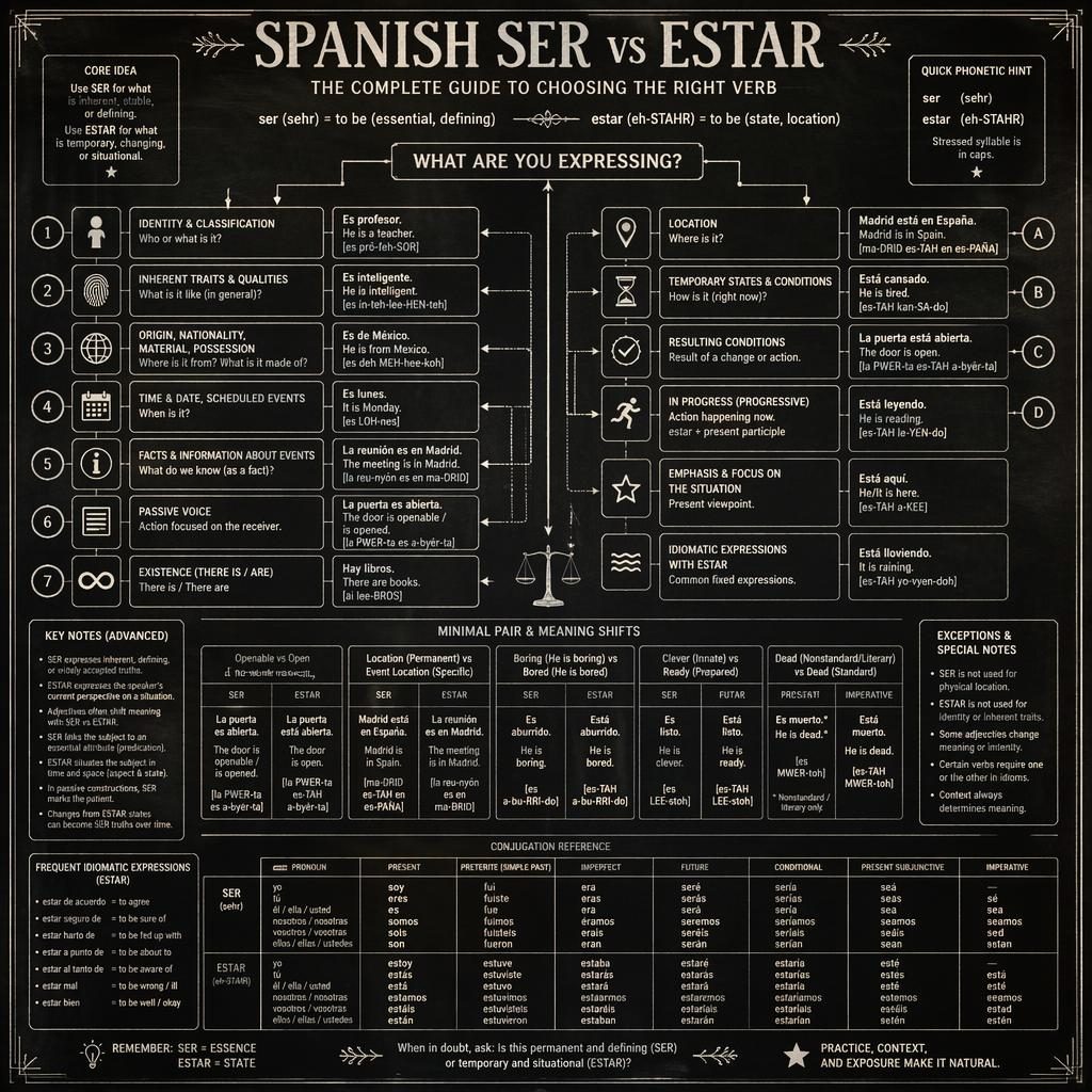 Monochrome chalkboard infographic with a ser vs estar flowchart, comparison table, examples, and conjugation chart.