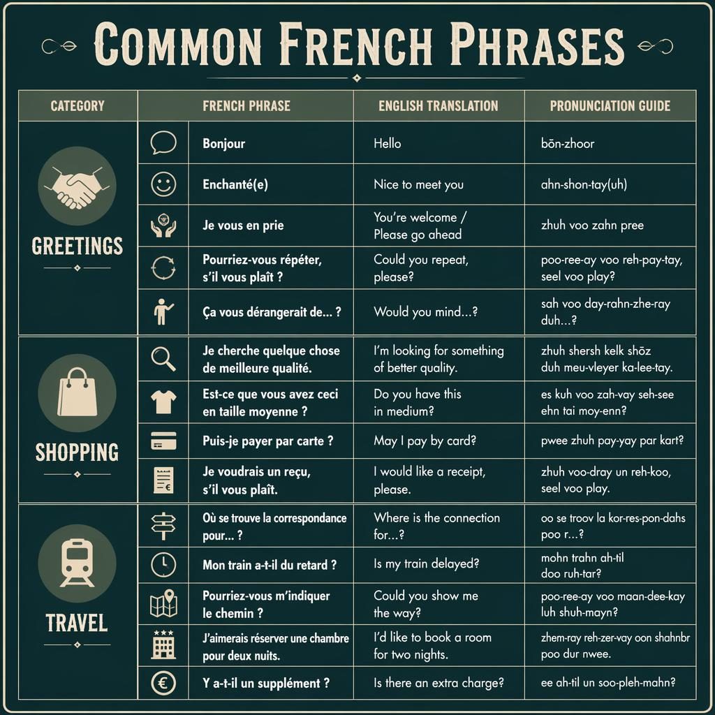 Educational infographic poster titled Common French Phrases with a three-section grid for Greetings, Shopping, and Travel.
