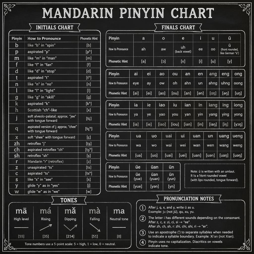 Vintage chalkboard-style Mandarin Pinyin chart poster with initials, finals, tones, and subtle letter of the day pocket chart layout.