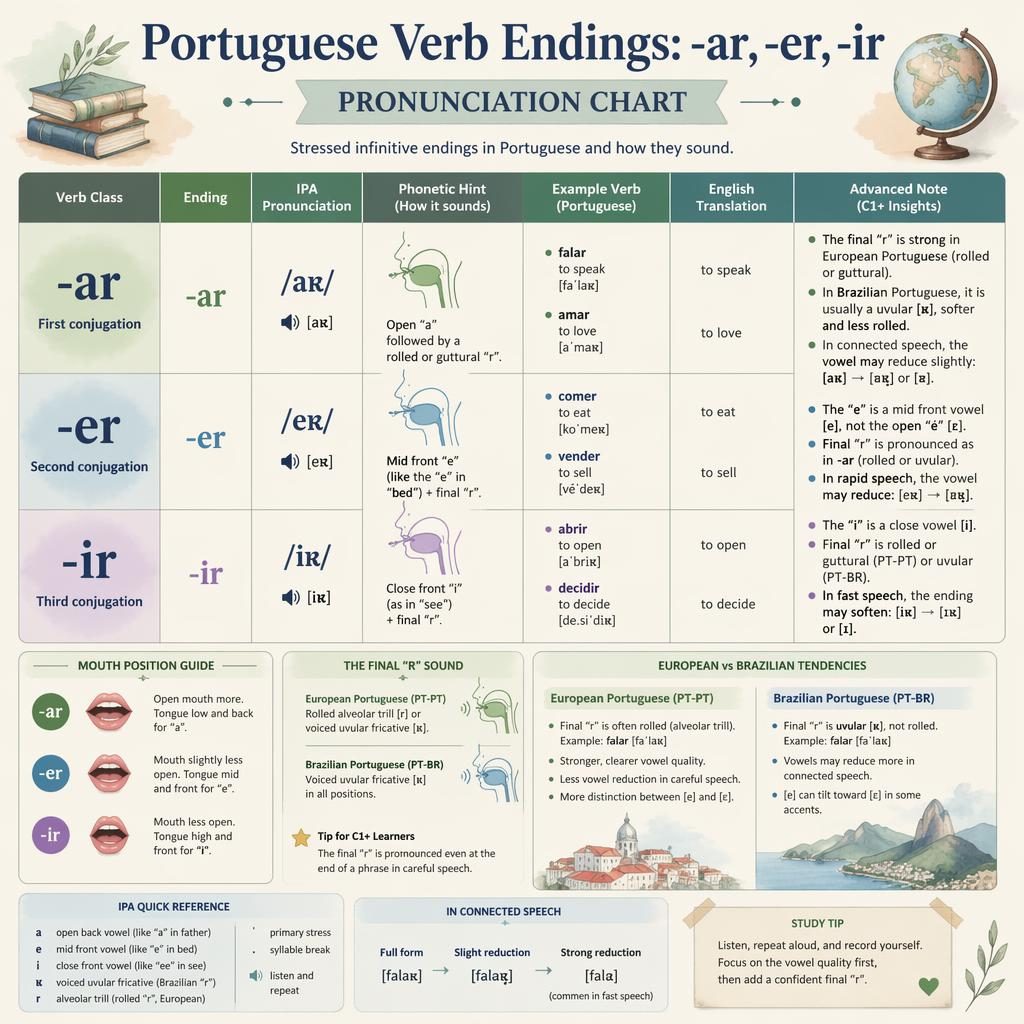 Educational infographic poster showing a grid chart of Portuguese verb endings -ar, -er, -ir with IPA, examples, notes, and pastel watercolor accents.