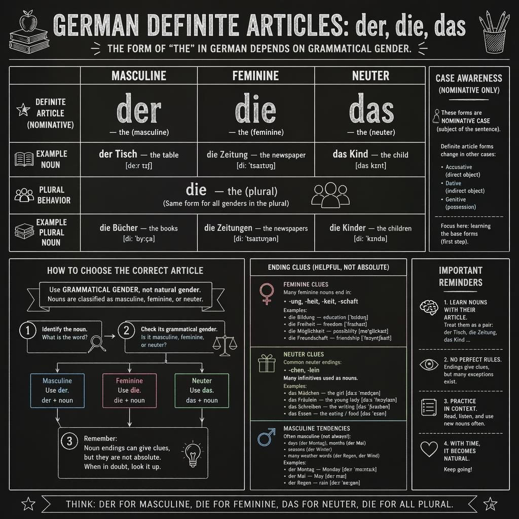Vintage chalkboard infographic showing a 3-column table for German articles der, die, das with examples and rules.