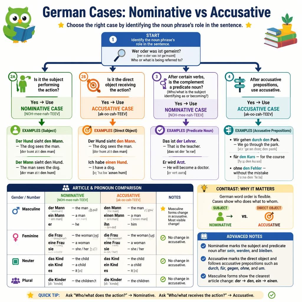 Educational poster flowchart comparing German nominative vs accusative with examples, mini table, arrows, and cartoon icons.