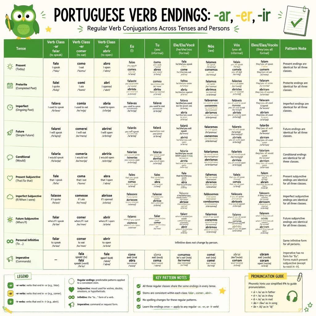 Educational poster with a central Portuguese verb conjugation table for -ar, -er, and -ir verbs across tenses.